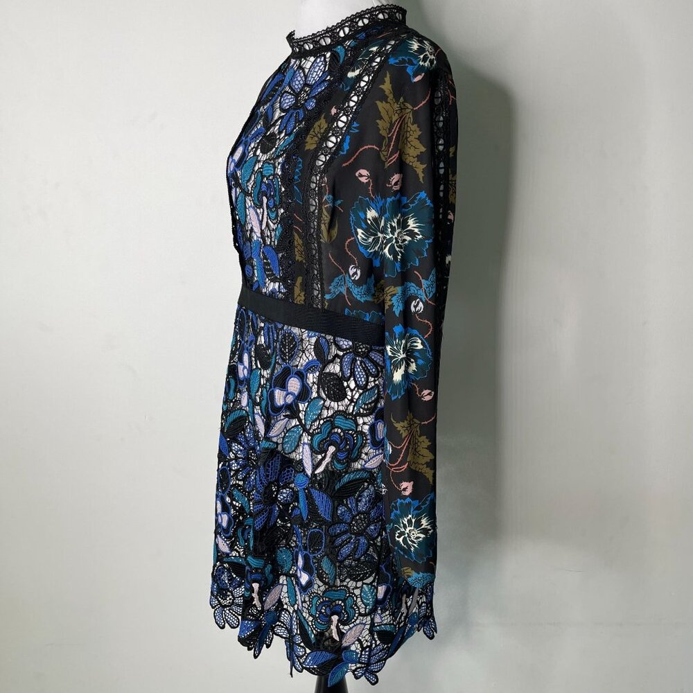 Self Portrait Women's Blue Black Long Sleeve Lace Floral Midi Dress Size 10 - Picture 2 of 12